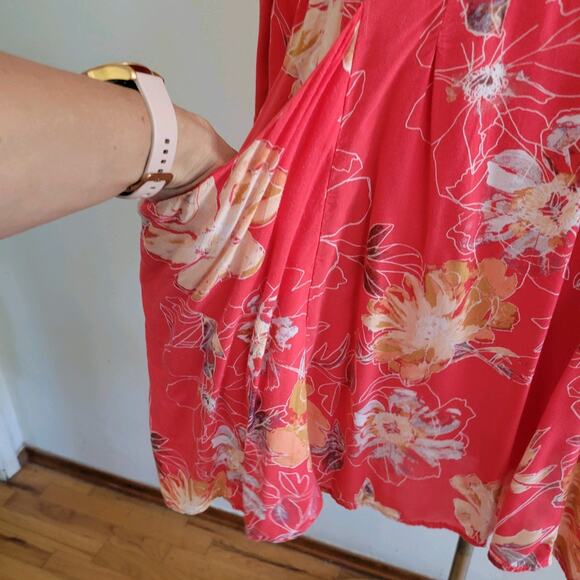 Free People All Eyes On You Floral Mini Swing Dress 4 Coral 3/4 Bell Sleeve - Picture 6 of 16